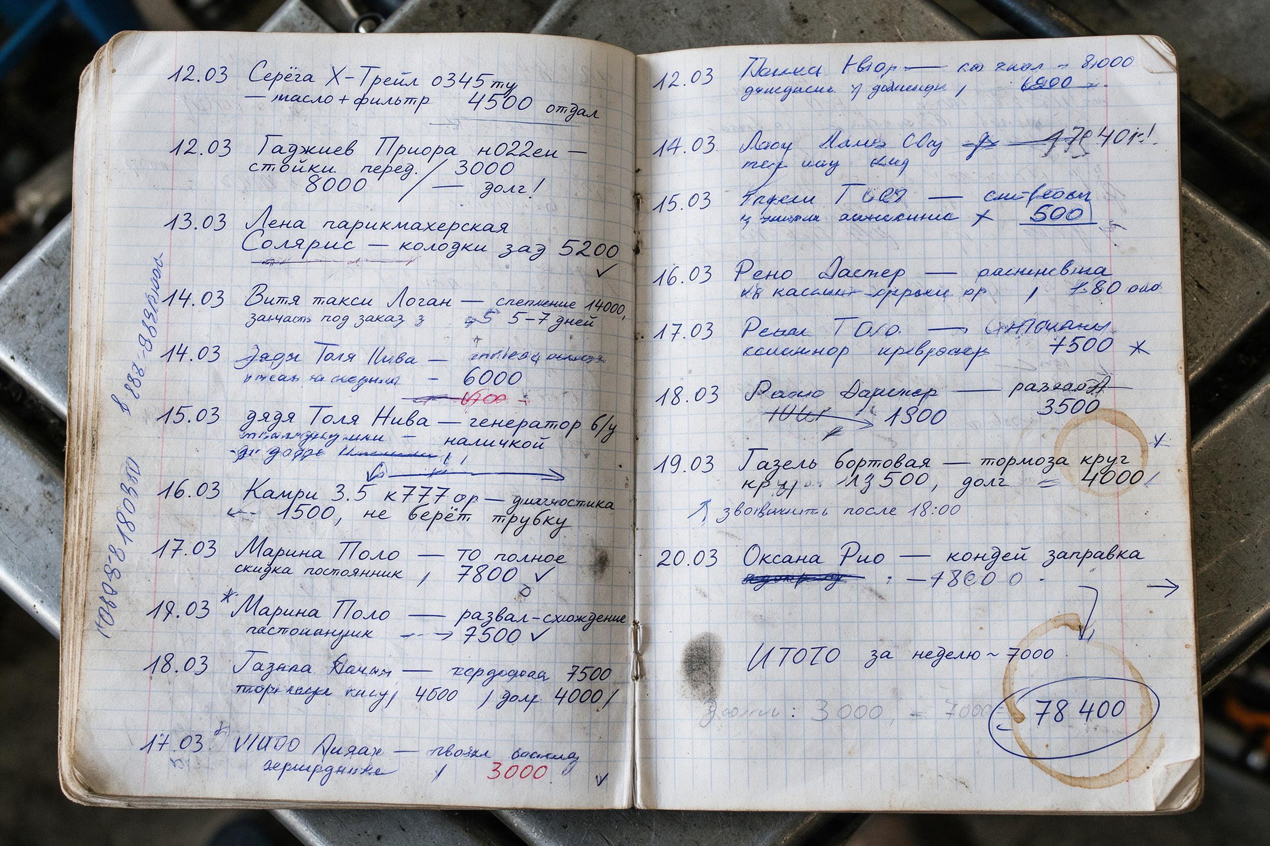 Разворот тетрадки автосервиса: даты, машины, работы и суммы от руки